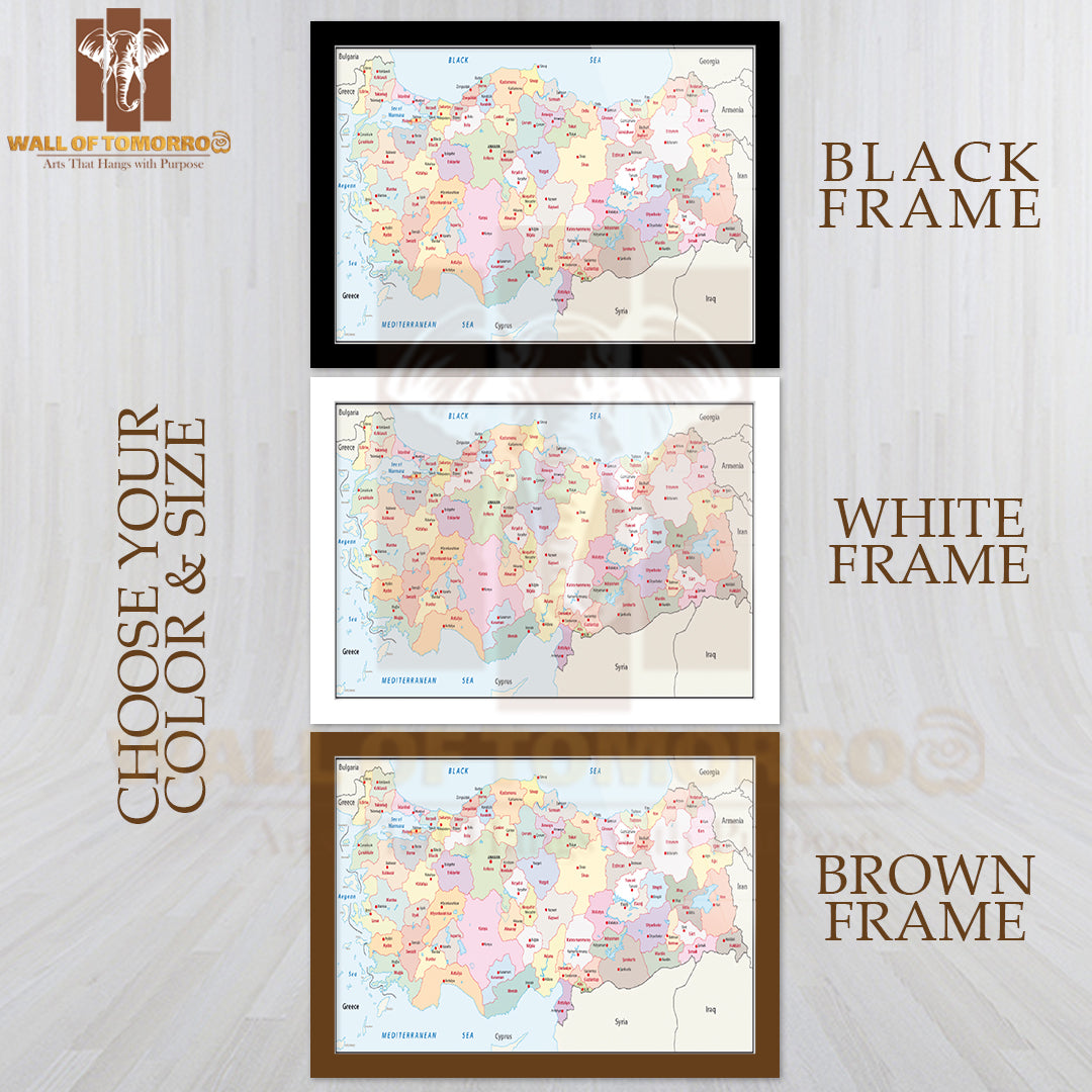 Turkey Administrative Map Educational High Quality Glass Frame Wall Décor