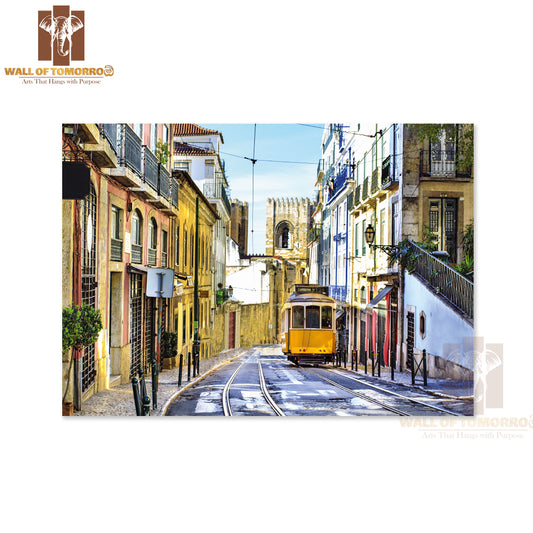 Romantic Lisbon Street with The Typical Yellow Tram High Quality Unframed Poster Print & Waterproof Poster Print Wall Décor