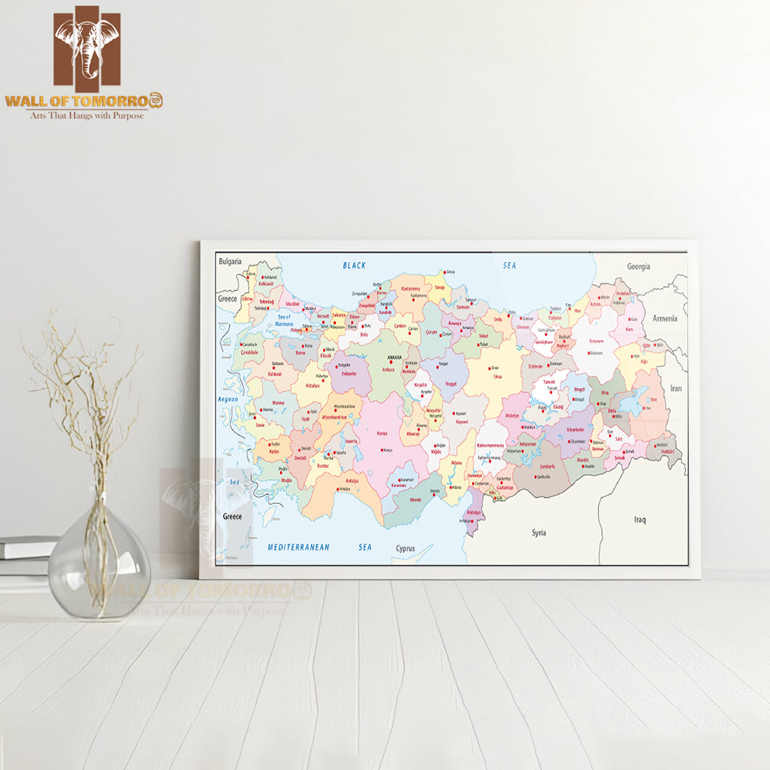 Turkey Administrative Map Educational High Quality Glass Frame Wall Décor