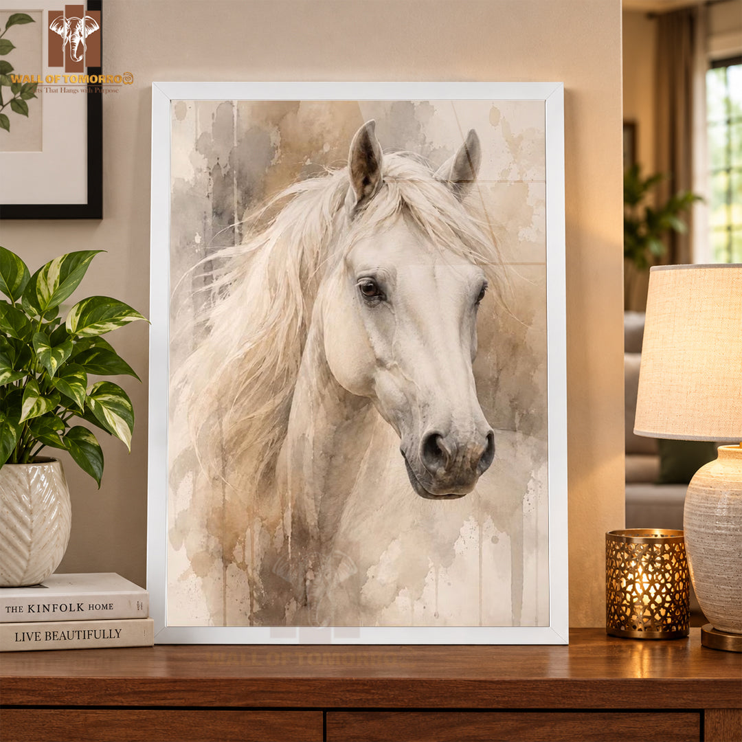 White Horse Painting Animals High Quality Glass Frame Wall Décor in Sri Lanka