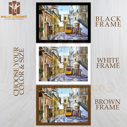 Romantic Lisbon Street with The Typical Yellow Tram High Quality Unframed Poster Print & Waterproof Poster Print Wall Décor