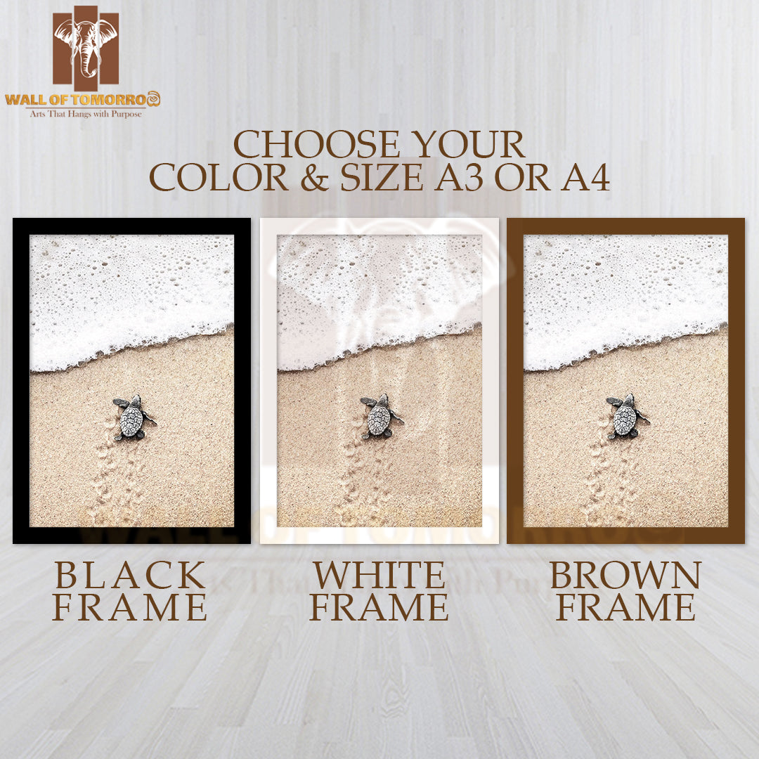 Baby Turtle On Beach High Quality Glass Frame Wall Décor