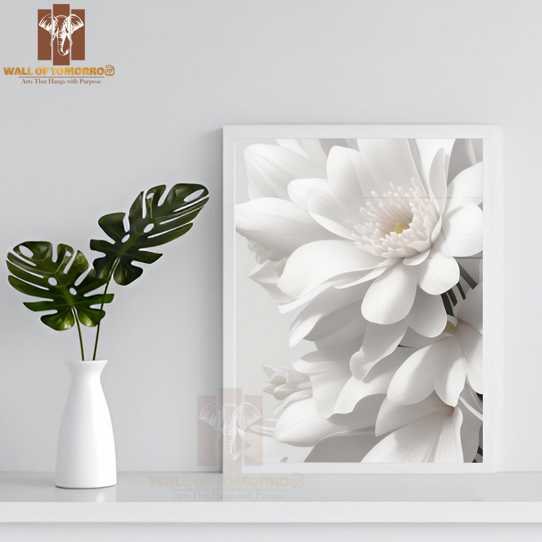 Cluster Of Delicate White Flowers Against a Soft Gray Background High Quality Glass Frame Wall Décors in Sri Lanka
