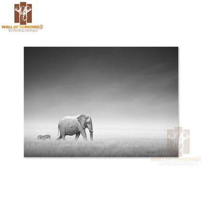 Elephant With Zebra Behind on Open Plains of Etosha High Quality Unframed Poster Print & Waterproof Poster Print Wall Décor