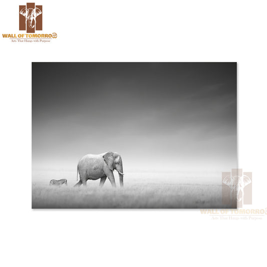 Elephant With Zebra Behind on Open Plains of Etosha High Quality Unframed Poster Print & Waterproof Poster Print Wall Décor