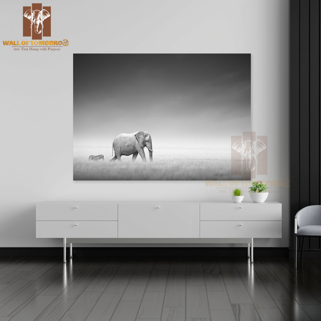 Elephant With Zebra Behind on Open Plains of Etosha High Quality Unframed Poster Print & Waterproof Poster Print Wall Décor