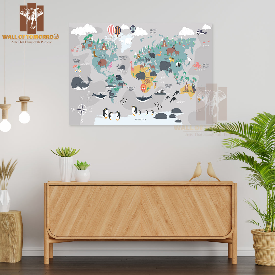 The World Map with Cartoon Animals for Kids Educational High Quality Unframed Poster Print & Waterproof Poster Print Wall Décor