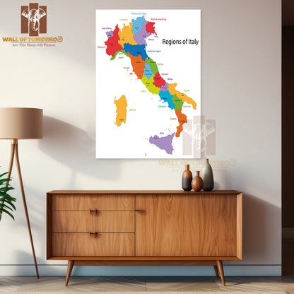 Italy Map with Regions and Main Cities Educational High Quality Unframed Poster Print & Waterproof Poster Print Wall Décor