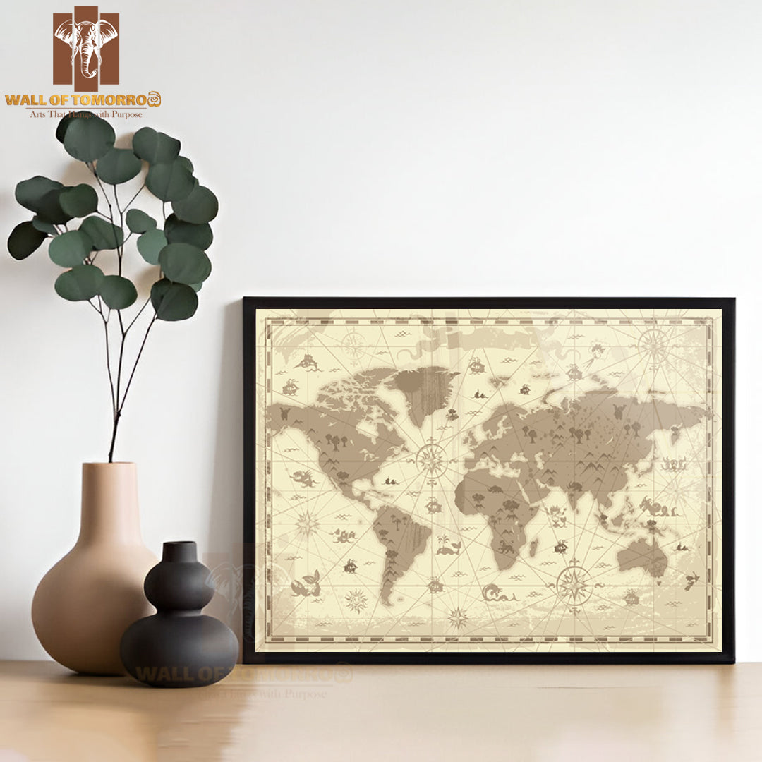 Map Of the World with Mountains Educational High Quality Glass Frame Wall Décor