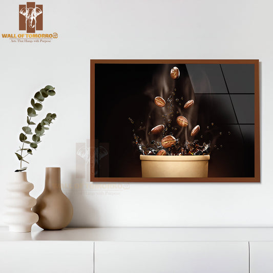 Cup Of Coffee with Coffee Beans and Coffee Beans Flying Out of It High Quality Glass Frame Wall Décor