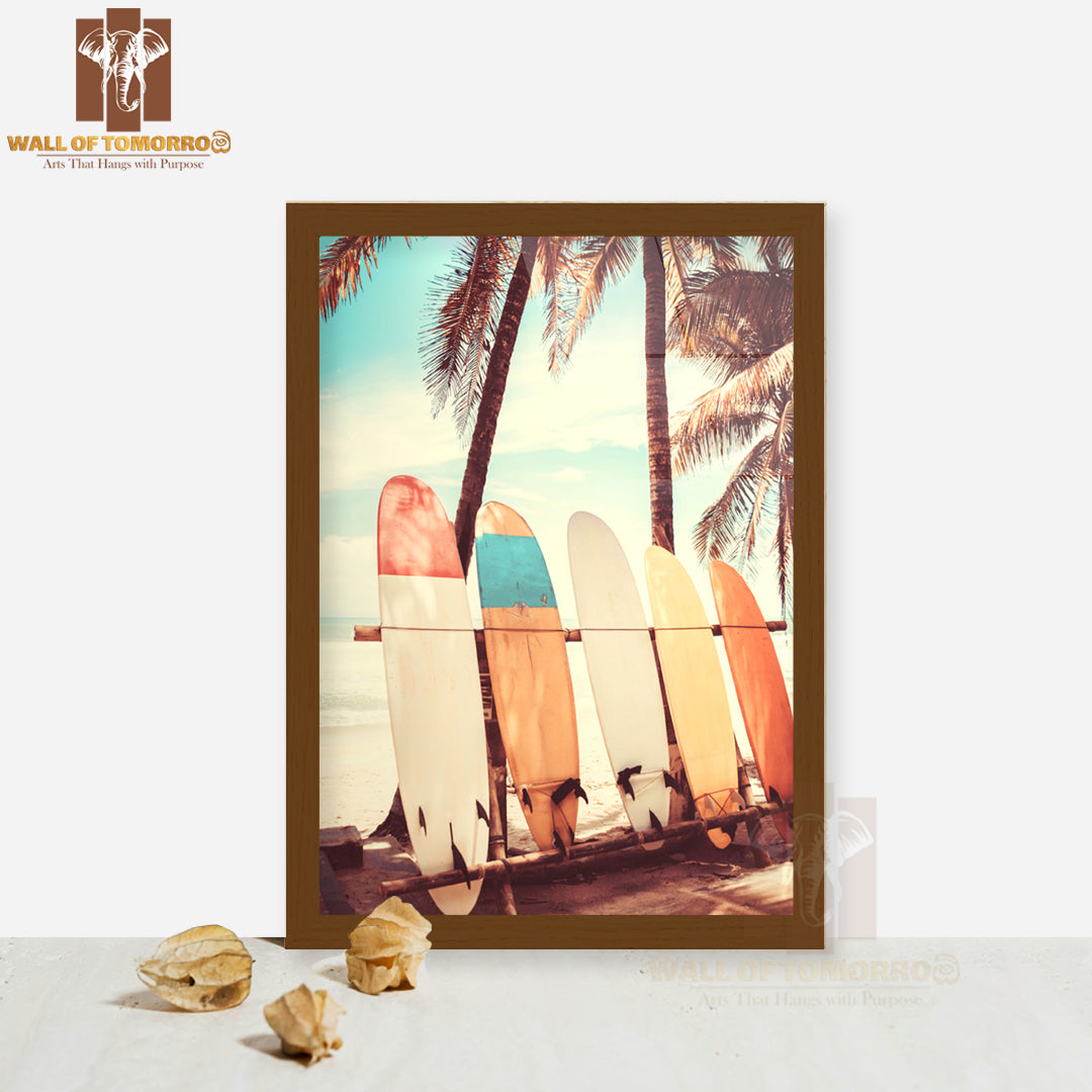 Surfboards on Top of a Wooden Bench High Quality Glass Frame Wall Décor