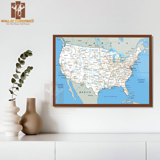 High Detailed United States of America Road Map Educational High Quality Glass Frame Wall Décor