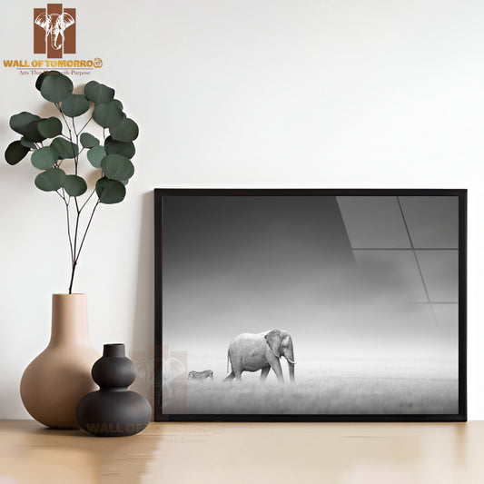Elephant With Zebra Behind on Open Plains of Etosha High Quality Unframed Poster Print & Waterproof Poster Print Wall Décor