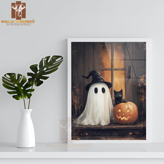 Cute Ghost and Black Cat with Pumpkin High Quality Glass Frame Wall Décor