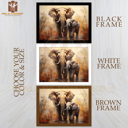 Protective Adult Elephant Beside a Calf Animals High Quality Glass Frame Wall Décor in Sri Lanka