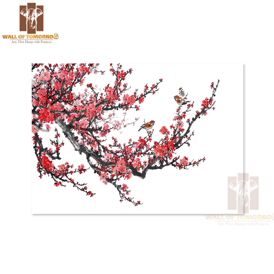 Birds On Red Flower Tree Painting High Quality Unframed Poster Print & Waterproof Poster Print Wall Décor
