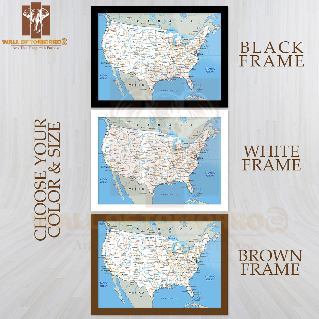 High Detailed United States of America Road Map Educational High Quality Glass Frame Wall Décor
