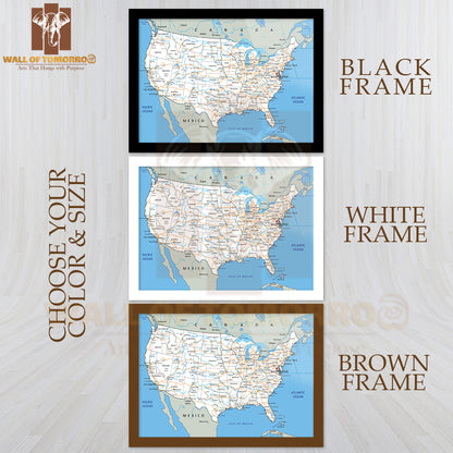 High Detailed United States of America Road Map Educational High Quality Glass Frame Wall Décor