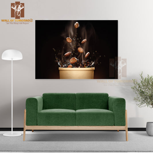 Cup Of Coffee with Coffee Beans & Coffee Beans Flying Out of It High Quality Unframed Poster Print Wall Décor
