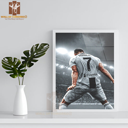 Famous Soccer Player Dribbles the Ball on the Field Sports High Quality Glass Frame Wall Décor