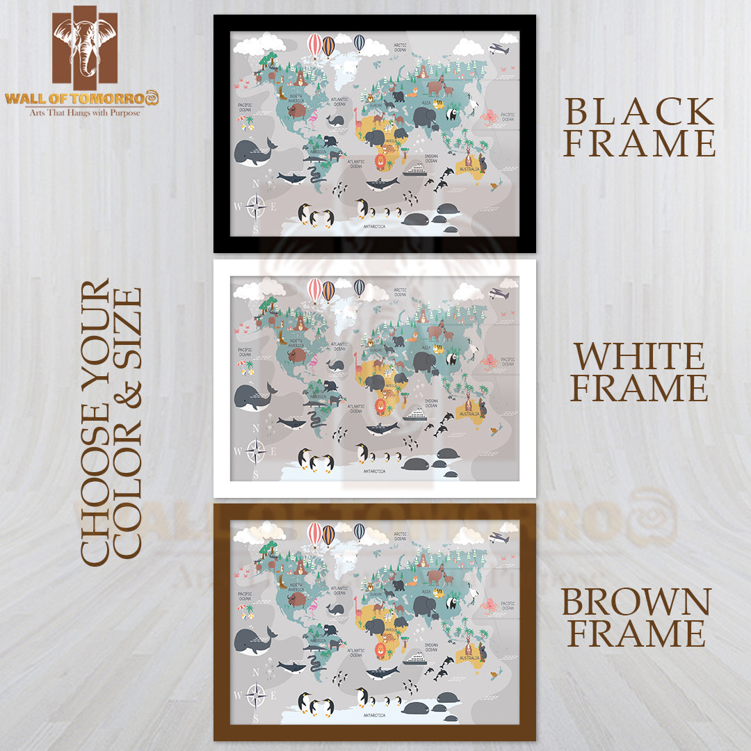 The World Map with Cartoon Animals for Kids Educational High Quality Glass Frame Wall Décor