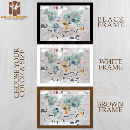 The World Map with Cartoon Animals for Kids Educational High Quality Glass Frame Wall Décor