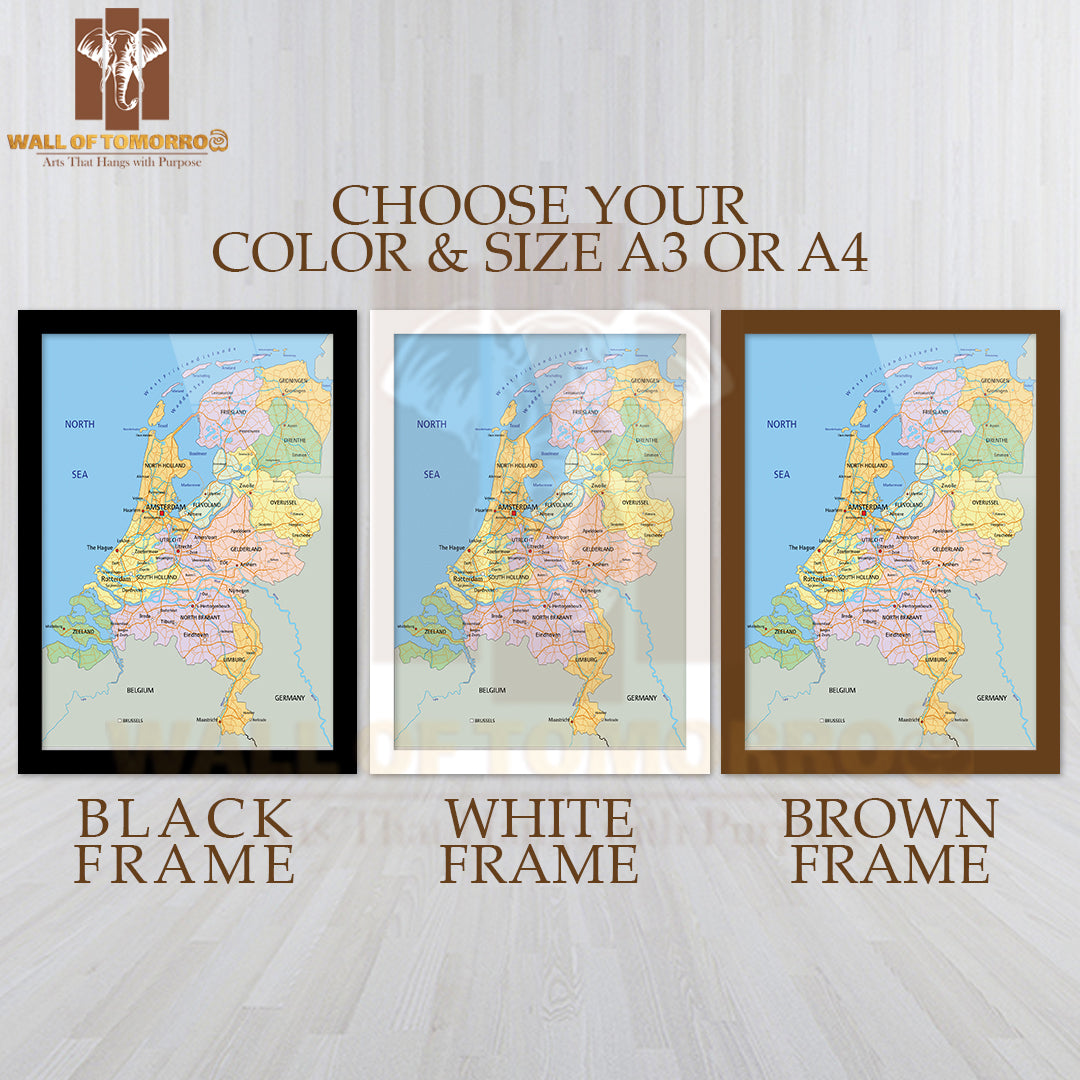 Netherlands Highly Detailed Political Map Educational High Quality Glass Frame Wall Décor