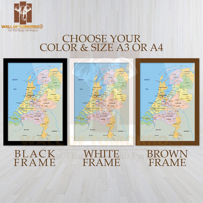 Netherlands Highly Detailed Political Map Educational High Quality Glass Frame Wall Décor