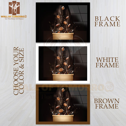 Cup Of Coffee with Coffee Beans and Coffee Beans Flying Out of It High Quality Glass Frame Wall Décor