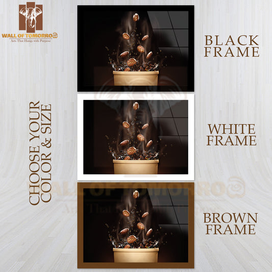 Cup Of Coffee with Coffee Beans and Coffee Beans Flying Out of It High Quality Glass Frame Wall Décor
