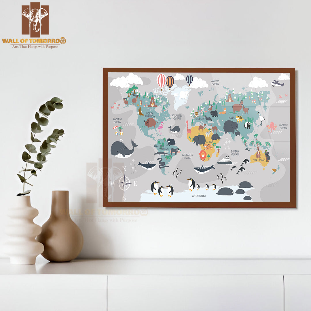 The World Map with Cartoon Animals for Kids Educational High Quality Glass Frame Wall Décor