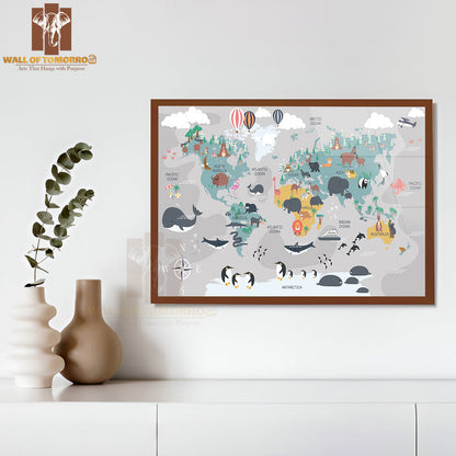 The World Map with Cartoon Animals for Kids Educational High Quality Glass Frame Wall Décor