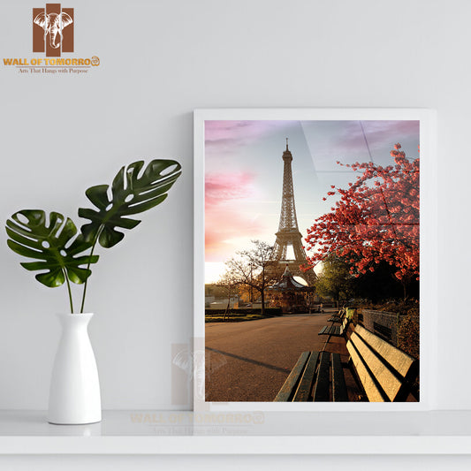 Spring Morning with Eiffel Tower, Paris, France High Quality Glass Frame Wall Décor