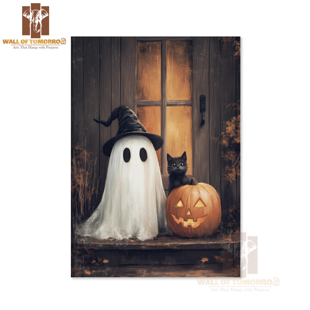 Cute Ghost and Black Cat with Pumpkin High Quality Unframed Poster Print & Waterproof Poster Print Wall Décor