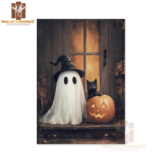 Cute Ghost and Black Cat with Pumpkin High Quality Unframed Poster Print & Waterproof Poster Print Wall Décor