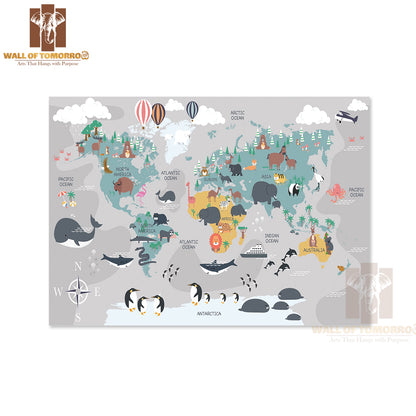 The World Map with Cartoon Animals for Kids Educational High Quality Unframed Poster Print & Waterproof Poster Print Wall Décor