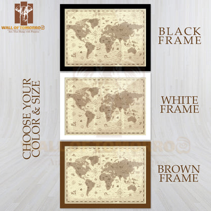 Map Of the World with Mountains Educational High Quality Glass Frame Wall Décor