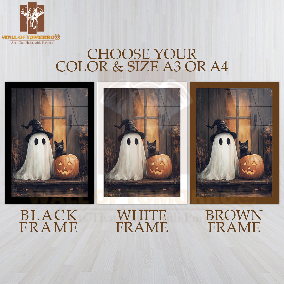 Cute Ghost and Black Cat with Pumpkin High Quality Glass Frame Wall Décor