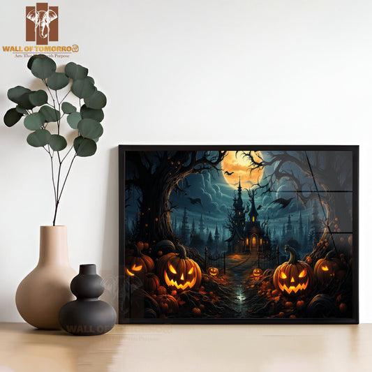 Spooky Halloween Scene with Glowing Jack-O'-Lanterns High Quality Glass Frame Wall Décor