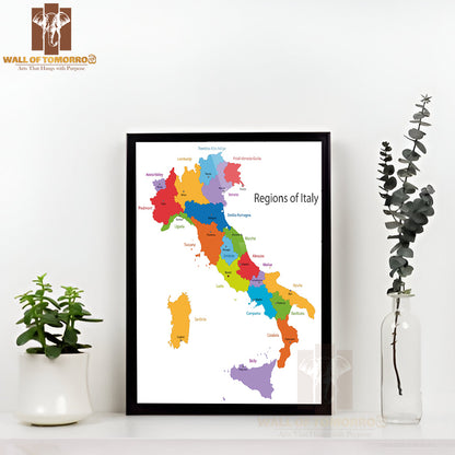 Italy Map with Regions and Main Cities Educational High Quality Glass Frame Wall Décor