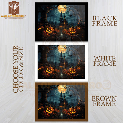 Spooky Halloween Scene with Glowing Jack-O'-Lanterns High Quality Glass Frame Wall Décor