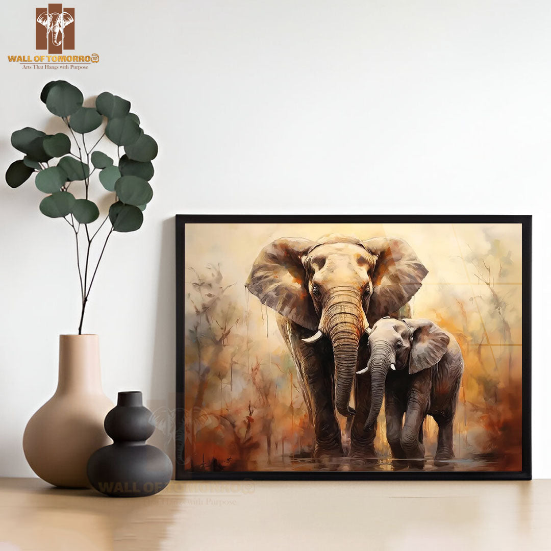Protective Adult Elephant Beside a Calf Animals High Quality Glass Frame Wall Décor in Sri Lanka