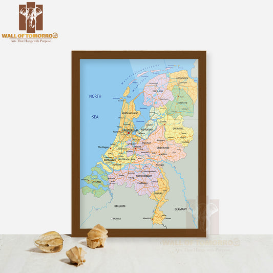 Netherlands Highly Detailed Political Map Educational High Quality Glass Frame Wall Décor