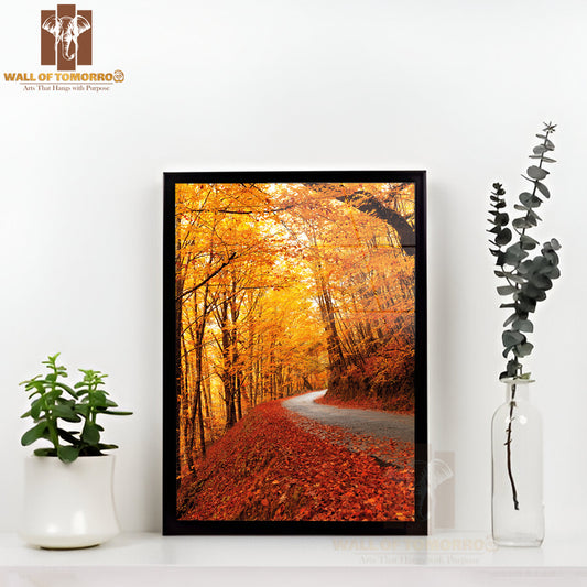Autumn Landscape with Road and Beautiful Colored Trees High Quality Glass Frame Wall Décor
