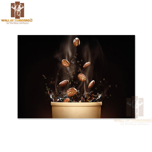 Cup Of Coffee with Coffee Beans and Coffee Beans Flying Out of It High Quality Unframed Poster Print & Waterproof Poster Print Wall Décor