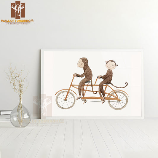 Monkeys Riding Bicycle High Quality Glass Frame Wall Décor