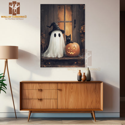 Cute Ghost and Black Cat with Pumpkin High Quality Unframed Poster Print & Waterproof Poster Print Wall Décor