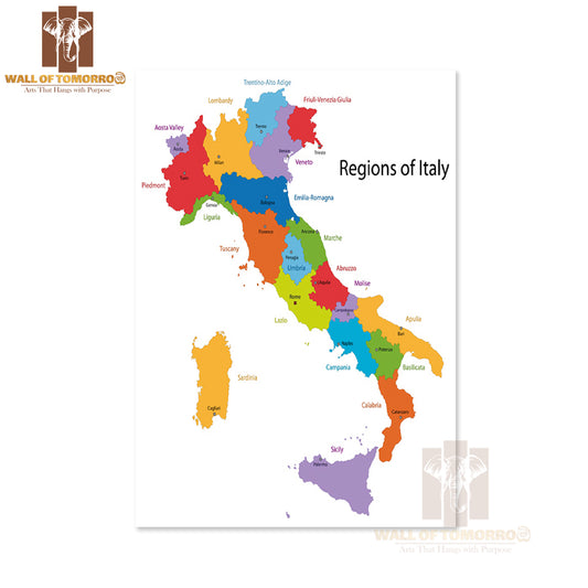 Italy Map with Regions and Main Cities Educational High Quality Unframed Poster Print & Waterproof Poster Print Wall Décor
