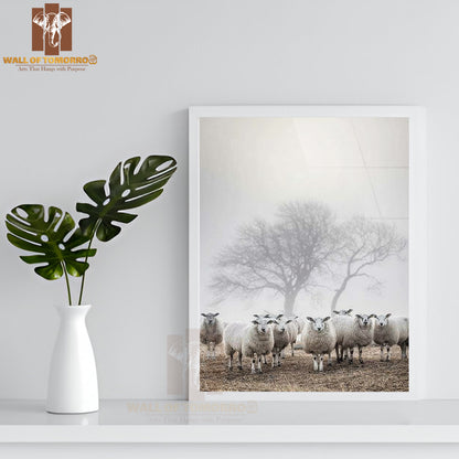 Sheep’s In Fog Faded Photography High Quality Glass Frame Wall Décor
