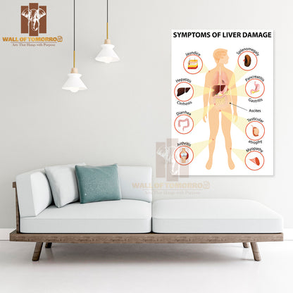 Symptoms Of Liver Damage, Human Silhouette with Internal Organs Educational High Quality Unframed Poster Print & Waterproof Poster Print Wall Décor